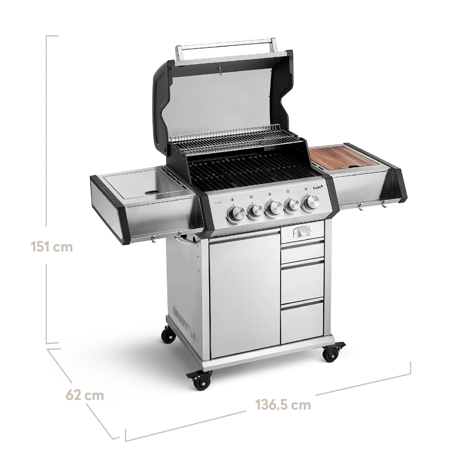 EARL 3-Brenner Gasgrill mit Grill Beistellwagen und Gusseisen Grillrosten Set 3-tlg. - Image 3