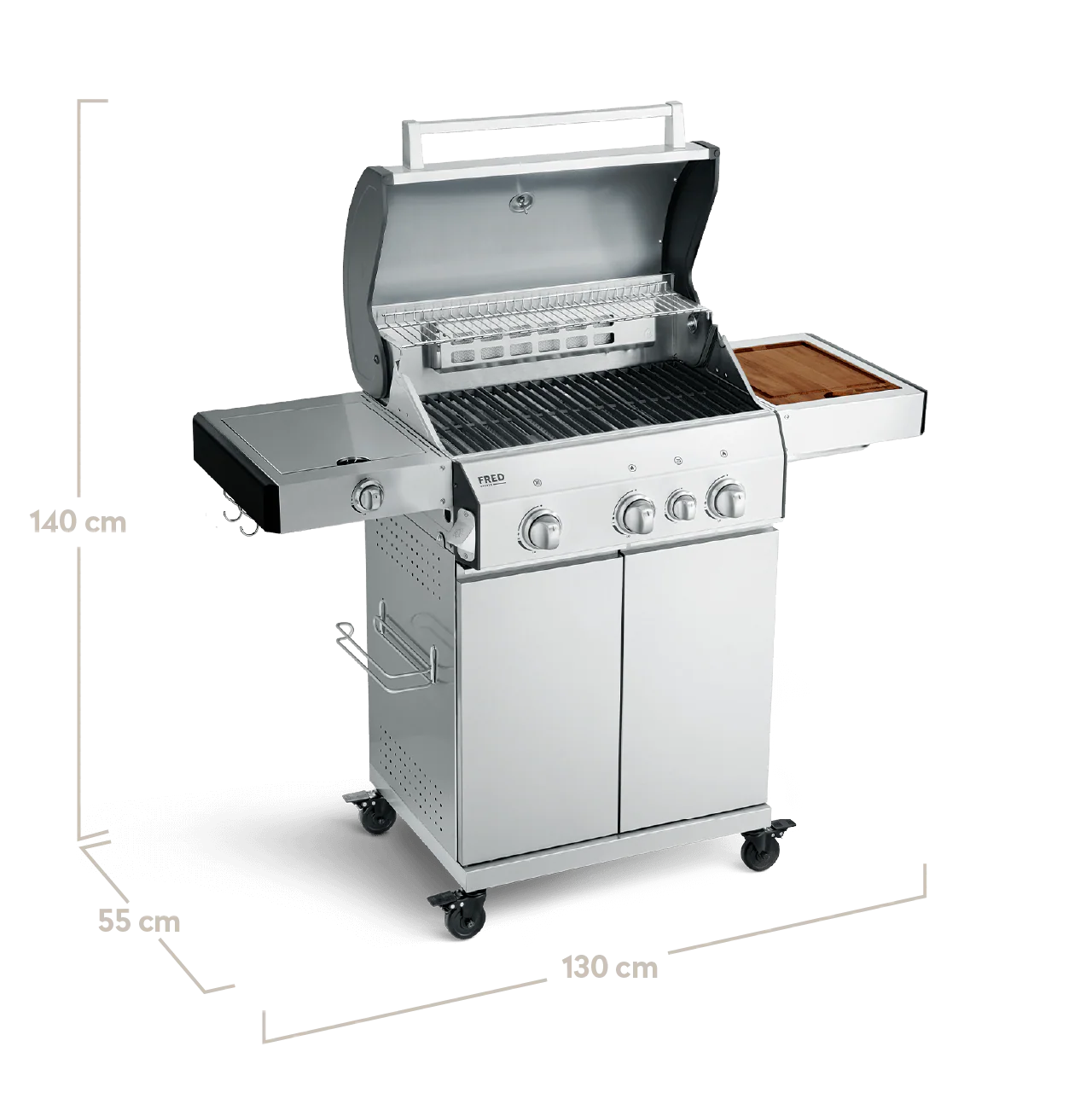 FRED 3-Brenner Deluxe Gasgrill mit Grill Beistellwagen und Gusseisen Grillrosten Set 3-tlg. - Image 3